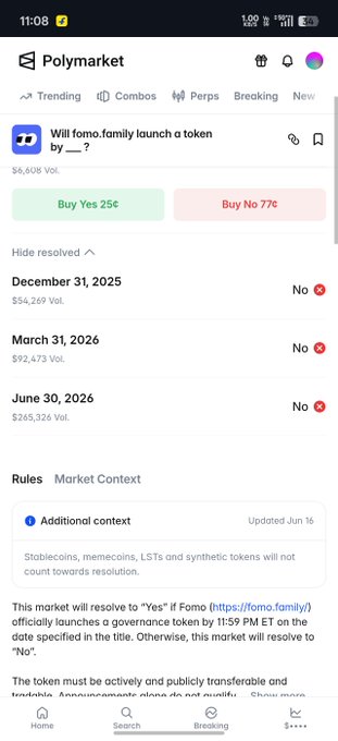 A mobile screenshot of the Polymarket prediction market app showing a trending market titled 'Will domo.family launch a token by ___?' with 'Buy Yes 25¢' and 'Buy No 77¢' buttons, along with resolution rules below.