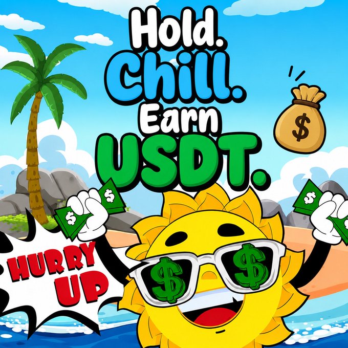 A cartoon sun wearing dollar-sign sunglasses holds stacks of cash on a tropical beach, with bold text reading "Hold. Chill. Earn USDT." and a red "HURRY UP" burst, while a money bag and the words "USDT" and "$" appear nearby. The image visually reinforces the post's pitch for a $SUMMER token on Solana, highlighting its USDT reward model through the playful "Hold. Chill. Earn USDT." messaging and financial imagery.