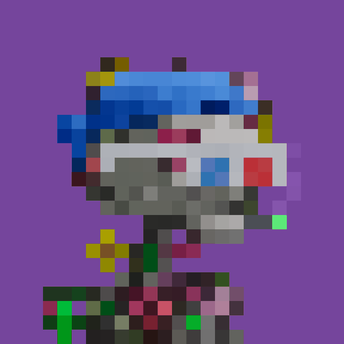 A heavily pixelated, multicolored abstract portrait set against a solid purple background, with the subject's features obscured by blocks of blue, red, white, and black pixels.