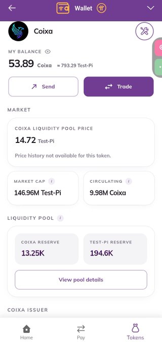 A cryptocurrency wallet interface displays a token called 'Coixa' with a balance of 53.89 Coixa, a market cap of 146.96M Test-Pi, circulating supply of 9.98M Coixa, and liquidity pool reserves.