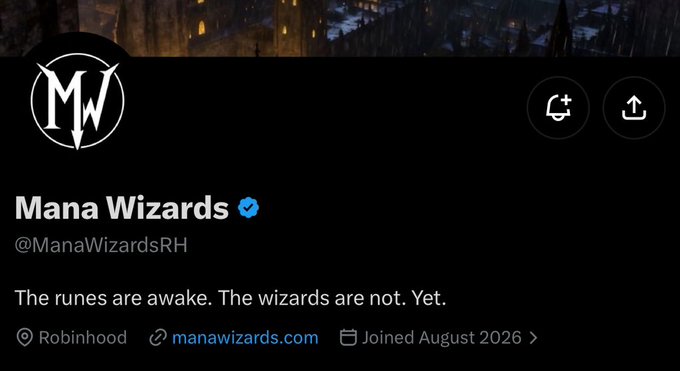 The image shows a Twitter/X profile page for "Mana Wizards" (@ManaWizardsRH), a verified account with a bio reading "The runes are awake. The wizards are not. Yet." and links to Robinhood and manawizards.com. This appears to support the post's announcement about securing something for "Matrix" and subscribers, likely referencing a stock or crypto ticker, given the Mana Wizards branding suggests a finance/investing community.