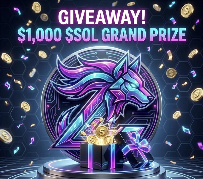 The image showcases a promotional poster for a grand prize of $1,000 Sol that's being held for an upcoming contest. A large logo design featuring two wolves fighting with money stacks can be seen placed under the prize. The theme is primarily technology-related as evidenced by the presence of "ZYNX" and "SOL". There are also coins scattered around in the image to emphasize the grand prize amount, which is $1,000 Sol.