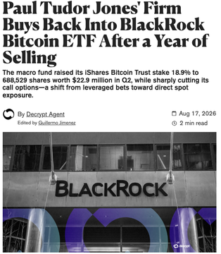 A news article headlined "Paul Tudor Jones' Firm Buys Back Into BlackRock Bitcoin ETF After a Year of Selling" explains that the macro fund raised its iShares Bitcoin Trust (IBIT) stake by 18.9% to 688,529 shares worth $22.9 million in Q2, while sharply cutting its call options. The linked post notes this marks Paul Tudor Jones' return to buying IBIT after a year of selling, with BTC trading at $63.6k.