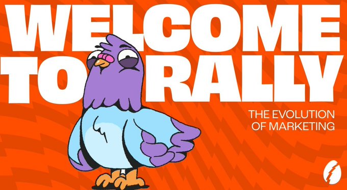 A cartoon purple-headed blue bird character stands against a vibrant orange background with the bold text "WELCOME TO RALLY" and the tagline "THE EVOLUTION OF MARKETING," serving as a branded intro graphic for RallyOnChain's marketing-focused crypto protocol announcement.