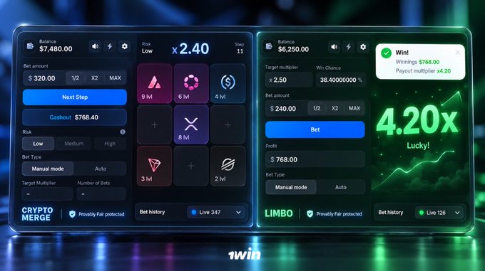 Two online gambling interfaces from '1win' casino showing 'CRYPTO MERGE' and 'LIMBO' games with green glowing graphics, displaying multipliers like 'x2.40' and '4.20x' along with cashout amounts.