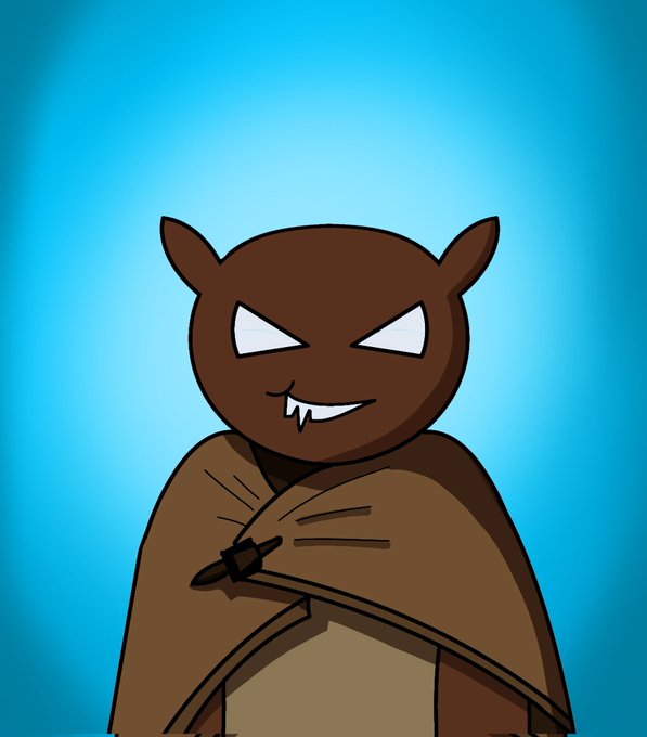 Cartoon illustration of a brown, bat-like creature with white eyes, fangs, and crossed arms against a light blue background.