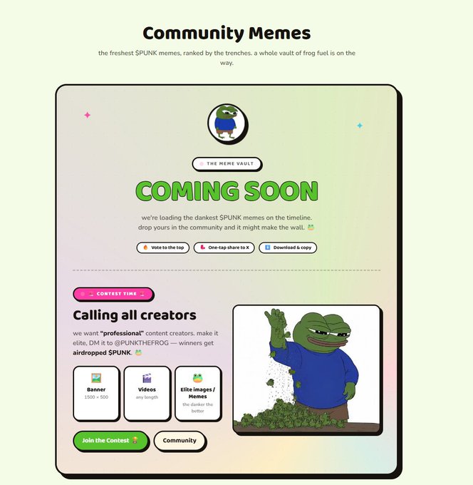 A webpage mockup titled 'Community Memes' announcing a meme vault 'COMING SOON' with a contest section, featuring a green Pepe the Frog character emerging from a pile of smaller frogs.