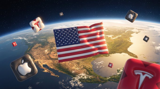 A digital illustration showing an American flag waving over Earth from space, surrounded by floating 3D icons of Apple logos and the Tesla "T" logo.