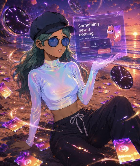 The image features a woman with long hair wearing sunglasses, holding up a computer screen displaying an advertisement for something called "looks like BONKUJI gonna steal all my attention rn @bonk_inu entering the TCG/oripa space actually feels huuuge as we know how trending this meta is And guys waitList just opened so yeah had to get in early waitlist.bonkcoin.com". The woman appears to be a fan of anime and is excited about the new content being released on the platform.
