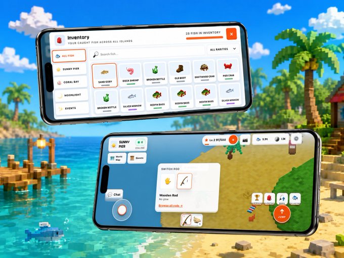 The image showcases two smartphone screens displaying gameplay from "Fishy Island," with the top screen showing an inventory menu featuring various fish types like Sunny Pier, Coral Bay, and Moonlight, while the bottom screen displays the actual fishing gameplay interface with a "Sunny Pier" location, a "Wooden Rod" equipment, and in-game currency totaling "Lv.2 91500." The vibrant tropical background with palm trees and ocean visually reinforces the island fishing theme of the mobile beta release mentioned in the accompanying post.