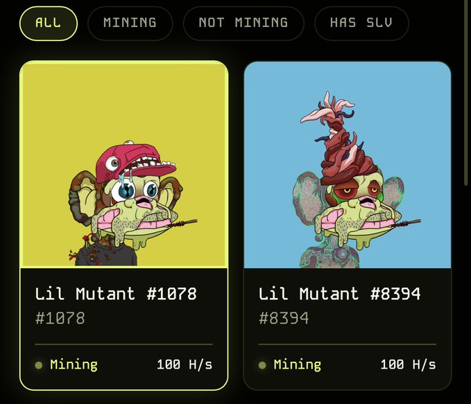 Two 'Lil Mutant' NFT collectibles (#1078 and #8394) are displayed with mining status indicators, both producing 100 H/s. Lil Mutant #1078 wears a pink cap on a yellow background, while #8394 has elaborate red hair on a blue background.