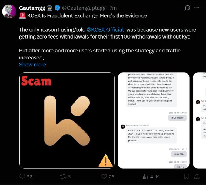 The image shows a tweet by @Gautamguptagg titled "KCEX Is Fraudulent Exchange: Here's the Evidence," accusing @KCEX_Official of being a scam, with a screenshot of the KCEX logo labeled "Scam" alongside apparent chat correspondence about frozen withdrawals and extended processing times. The accompanying post sarcastically suggests that promoting a scam project for payment and then later exposing it on X creates a "double money" win-win through undisclosed promotion and X engagement payouts.