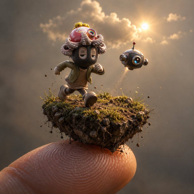 A small, stylized figure wearing a pink, brain-like headpiece runs on a tiny patch of mossy earth perched on a person's fingertip, accompanied by a floating robotic companion.