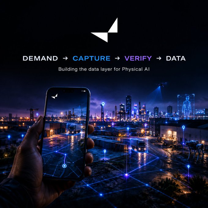 A futuristic tech graphic displays a hand holding a smartphone showing a connected cityscape, with the text 'DEMAND → CAPTURE → VERIFY → DATA' and 'Building the data layer for Physical AI' beneath a geometric logo.