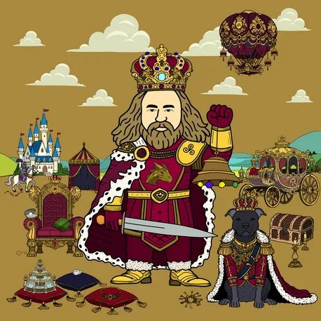 A cartoon illustration of a bearded king in royal robes and crown with a raised fist, accompanied by a black dog in regal attire, surrounded by castles, a carriage, and treasure.
