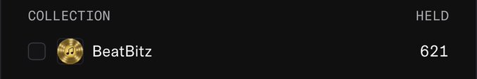 A digital interface displaying a collection entry for 'BeatBitz' with a quantity of 621 held, accompanied by a gold musical note icon on a dark background.