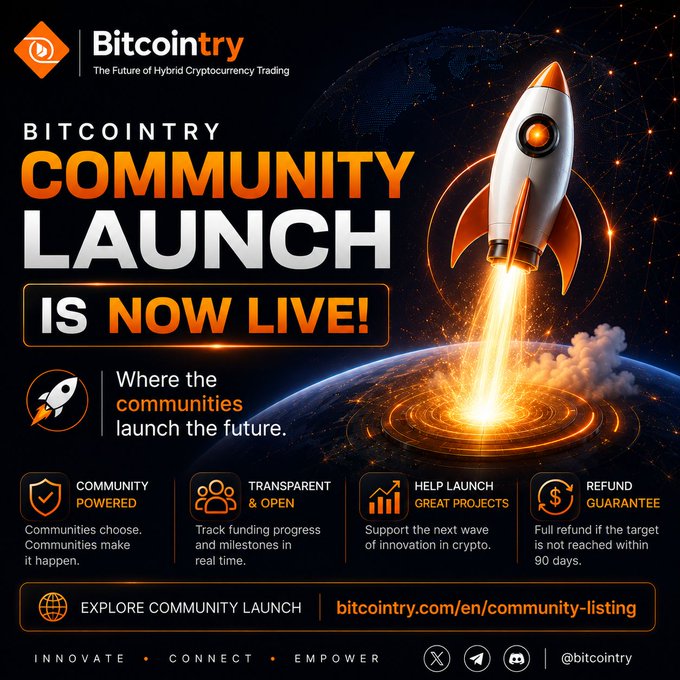 A promotional graphic for Bitcointry's Community Launch announcement, featuring a rocket blasting off from Earth alongside key selling points including "Community Powered," "Transparent & Open," "Help Launch Great Projects," and a "90-day Refund Guarantee," with the URL bitcointry.com/en/community-listing and their handle @bitcointry. The image visually reinforces the post's message about communities launching blockchain projects into reality, as symbolized by the rocket taking flight.