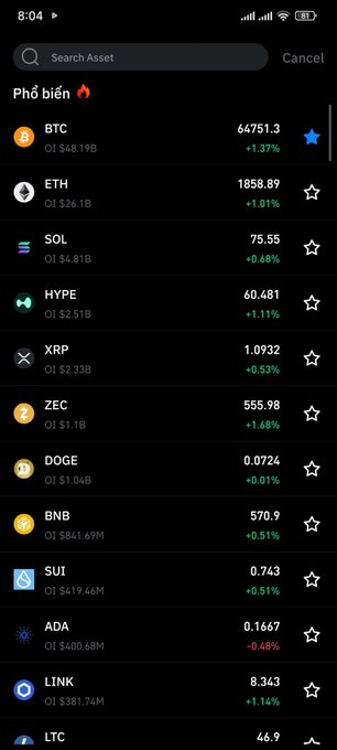 A cryptocurrency market tracker app showing popular assets (Phổ biến) including BTC at 64,751.3 (+1.37%), ETH at 1,858.89, SOL at 75.55, and other coins with their 24-hour price changes.