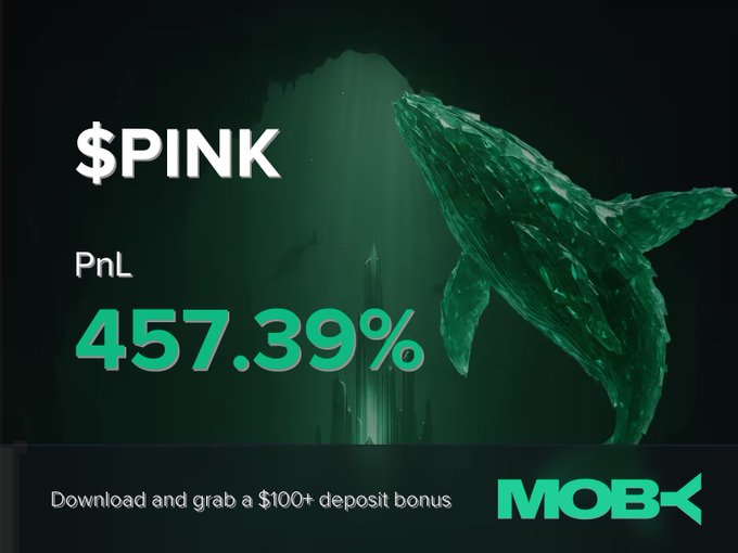 A promotional graphic for Moby features a glowing green whale illustration alongside a "Win Alert" showcasing a trader who closed a $PINK position with a +457.39% PnL, with the image reinforcing the post's highlighted gain and brand offer of a $100+ deposit bonus.