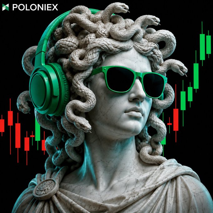 A digital artwork featuring a Medusa-like statue with snake hair wearing green sunglasses and headphones, with "POLONIEX" logo in the top left and green and red candlestick charts in the background.