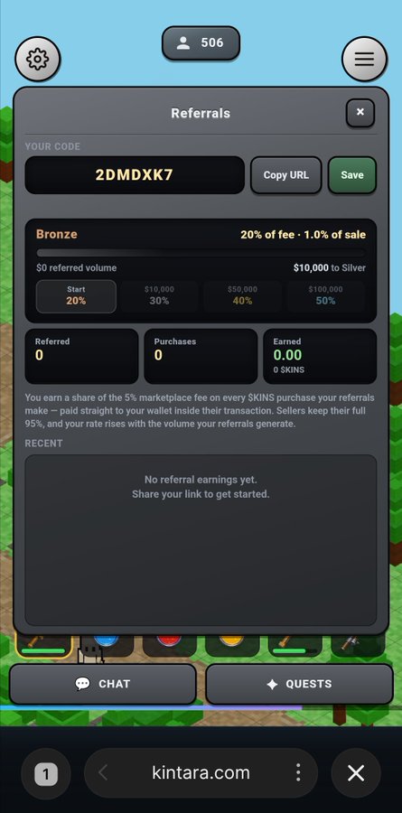 A mobile screenshot of a 'Referrals' page on kintara.com showing a user code '2DMDXK7', Bronze tier status with 20% fee share, and 0 referred users or earnings.
