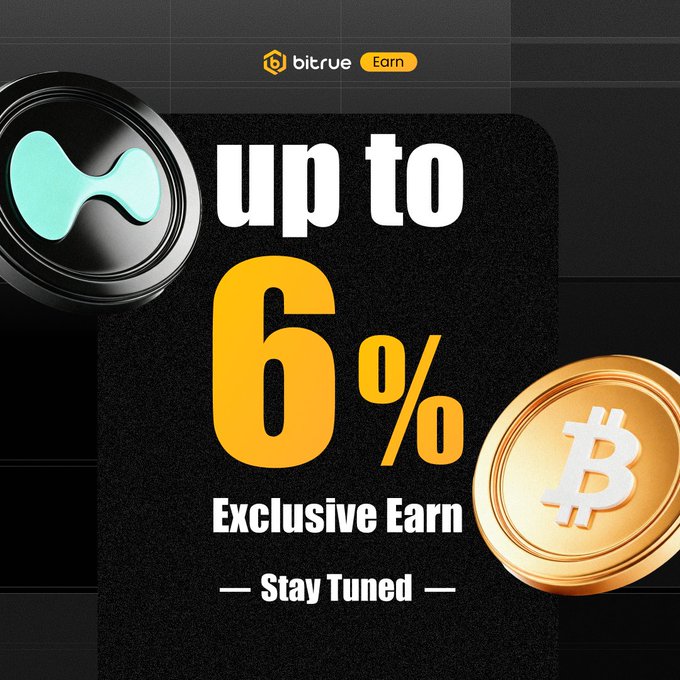 A promotional graphic for Bitrue's Earn feature displays "up to 6% Exclusive Earn — Stay Tuned" alongside 3D renderings of Bitcoin and HYPE tokens on a black background. The image visually highlights the "up to 6% APR" earning opportunity mentioned in the post for depositing $BTC and $HYPE.