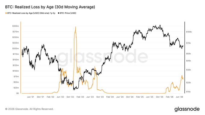 A Glassnode chart titled "BTC: Realized Loss by Age (30d Moving Average)" tracks the 30-day moving average of realized losses in USD by 1-2 year old BTC holdings (orange line) against BTC price (black line) from June 2021 through mid-2026, with the orange line showing notable spikes during the 2022 and mid-2023 bear markets. The visualization supports the post's point that realized losses by 1-2 year holders—those closest to cycle-peak buyers—serve as a key indicator for assessing bear market capitulation, as rising frustration among this cohort has historically marked significant loss-realization events.