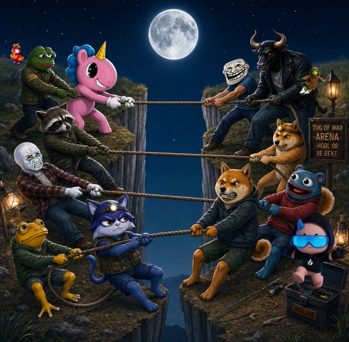 A moonlit "Tug of War Arena" pits meme characters like Pepe, Unicron, Trollface, and Dogecoin mascots against unicorns, Shibes, and wild shrews, pulling ropes across a chasm as the post challenges viewers to "HODL The Line" and decide who's pulling hardest.