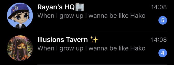 Two Discord messages from "Rayan's HQ 🏢" and "Illusions Tavern ✨" both sent at 14:08 read "When I grow up I wanna be like Hako," receiving 5 and 4 reactions respectively—relating to the caption by showing posts that have unexpectedly gained engagement despite their simple, unrelated content.
