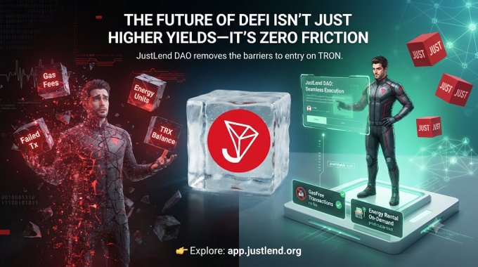 A promotional banner for JustLend DAO reading 'THE FUTURE OF DEFI ISN'T JUST HIGHER YIELDS—IT'S ZERO FRICTION,' depicting a superhero figure breaking free from barriers like gas fees and energy units, with the URL app.justlend.org.