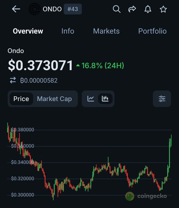 A CoinGecko chart showing ONDO (ranked #43) at $0.373071, up 16.8% in 24H, displayed against a candlestick price chart ranging from $0.30 to $0.38.