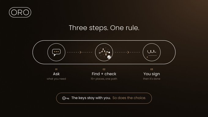 A minimalist presentation slide with a dark gradient background titled "Three steps. One rule." showing a flow from "01 Ask" to "02 Find + check" to "03 You sign," with the note "The keys stay with you. So does the choice."