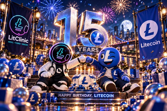 A celebratory 3D illustration marking '15 YEARS' of Litecoin, featuring 'LitClinic' and 'Litecoin' banners, festive lights, and characters fist-bumping in front of a city skyline.