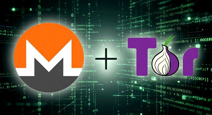 The Monero (XMR) and Tor onion logos are displayed side by side with a plus sign against a green code-themed background, suggesting an integration between the two.