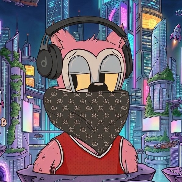 An illustration of a pink cartoon animal character wearing black headphones and a brown patterned bandana over its face, with a futuristic cityscape in the background.