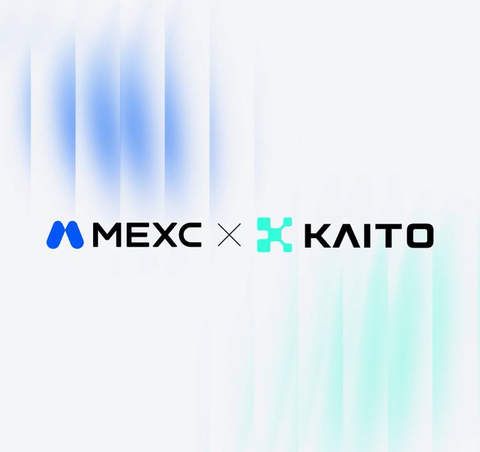 Promotional banner featuring the MEXC and KAITO logos with an 'X' between them, set against a soft white and blue gradient background.