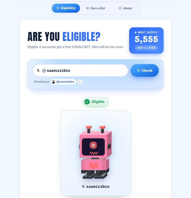 A 'CONSO BOT' eligibility checker webpage showing user @saamzzzbro as eligible, featuring a pixel art pink robot character.