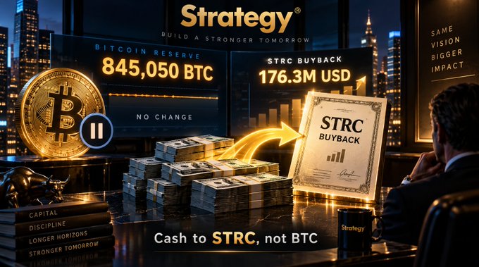 A promotional image for Strategy (MicroStrategy) showcasing a Bitcoin Reserve of 845,050 BTC and an STRC Buyback of 176.3M USD, with the tagline "Cash to STRC, not BTC" and a man viewing the dashboard at night.