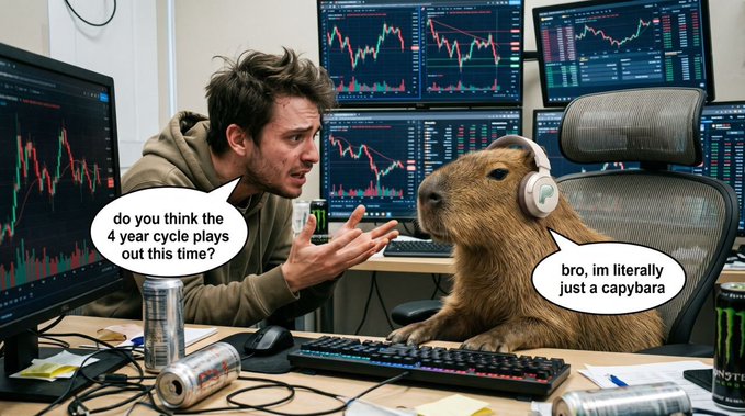 A meme featuring a man gesturing toward a capybara wearing headphones at a desk full of monitors showing stock charts, with text bubbles reading "do you think the 4 year cycle plays out this time?" and "bro, im literally just a capybara".