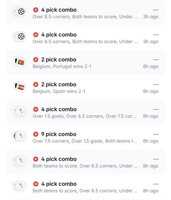 A mobile app screen showing failed soccer betting combos (4 pick and 2 pick combos) with outcomes like Over 8.5 corners, Both teams to score, and matches like Belgium vs Portugal and Belgium vs Spain, all marked with red X's.