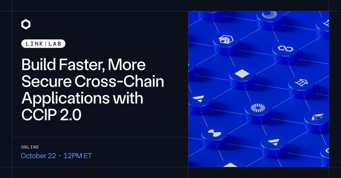 The image is a promotional graphic for a "LINK:LAB" online event titled "Build Faster, More Secure Cross-Chain Applications with CCIP 2.0," scheduled for October 22 at 12PM ET. It features a dark background with the title on the left and a blue isometric illustration of connected hexagonal nodes representing blockchain networks on the right, visually reinforcing the cross-chain connectivity theme of the masterclass.