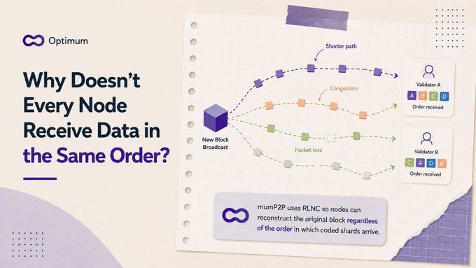 An infographic titled 'Why Doesn't Every Node Receive Data in the Same Order?' from Optimum explains how mump2P uses RLNC to reconstruct original blocks regardless of coded shard arrival order, showing paths with shorter routes, congestion, and packet loss between validators.