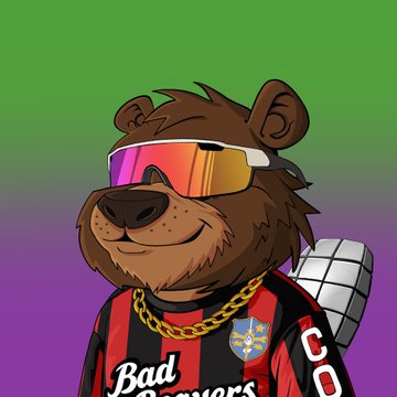 The image features a cartoon bear wearing sunglasses, a red and black striped shirt with the words "Bad NFT Giveaway Beaver #125" written below his name, and a gold chain around his neck. The bear appears to be smiling at the camera, giving off an impression of being happy or content. The post that accompanies this image is titled "Big NFT Giveaway Beaver #125 (0.35 $SOL ) CET #3870 (0.35 $SOL )" and includes a link to the post for further information about the giveaway.