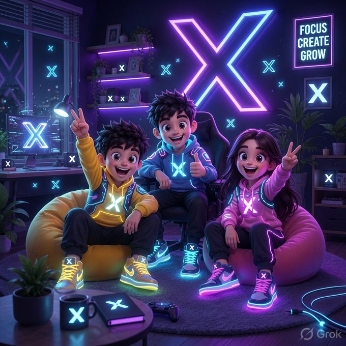 A vibrant AI-generated illustration of three children in a neon-lit gaming room featuring a large glowing purple 'X' sign and the text 'FOCUS CREATE GROW', all wearing clothing with 'X' logos.