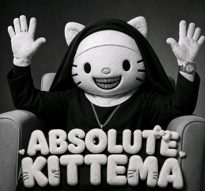 A black-and-white meme image of a Hello Kitty-style character dressed in a nun habit and gold chains, with hands raised, captioned 'ABSOLUTE KITTEMA.'