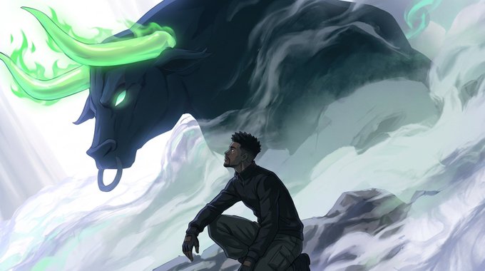 An illustrated scene shows a man kneeling in a rocky landscape, gazing up at a massive dark bull with glowing green horns and eyes.
