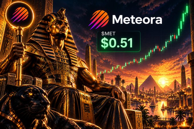 A promotional image for 'Meteora ($MET)' priced at $0.51, featuring an Egyptian pharaoh statue, pyramids, and a green upward stock chart.