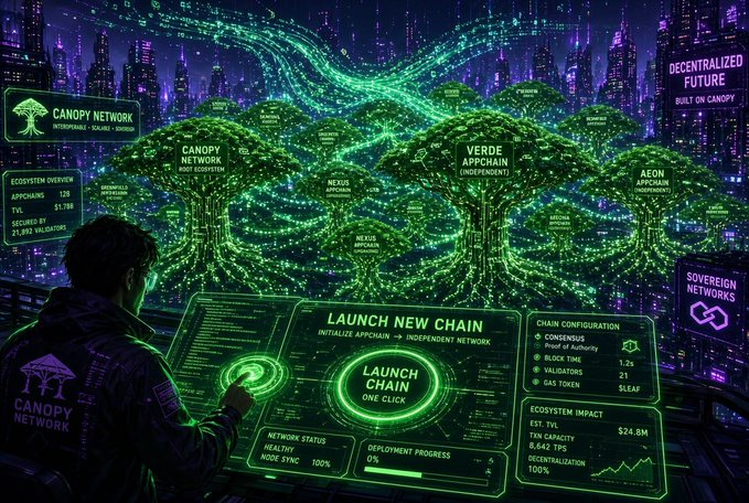 A futuristic digital illustration of a person at a control panel launching a new chain on the 'Canopy Network', showing interconnected glowing trees representing Verde Appchain, Canopy Network, AEON Appchain, and others, with text including 'LAUNCH NEW CHAIN' and 'DECENTRALIZED FUTURE'.