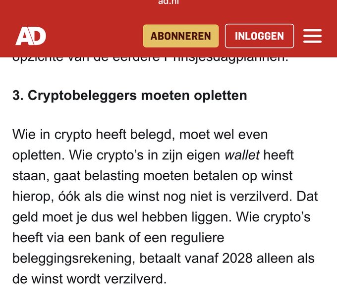 A screenshot from the Dutch news site AD (Algemeen Dagblad) featuring a section titled "3. Cryptobeleggers moeten opletten," which explains that crypto investors must pay taxes on gains, including unrealized gains for those holding crypto in their own wallets, while those with crypto via a bank or regulated investment account will only pay from 2028 when profits are realized. The accompanying post questions whether Bitvavo, as neither a bank nor a regular investment institution, would fall under the latter category.