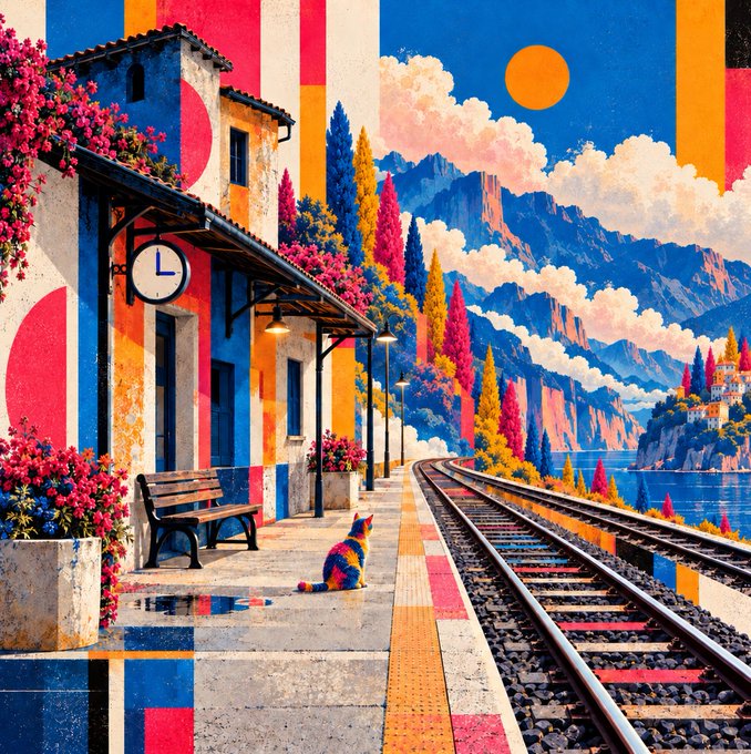 A vibrant, colorful digital illustration depicts a train station platform with a cat, featuring a building adorned with pink flowers, bold geometric shapes, and a scenic mountain and ocean backdrop under a bright sun.